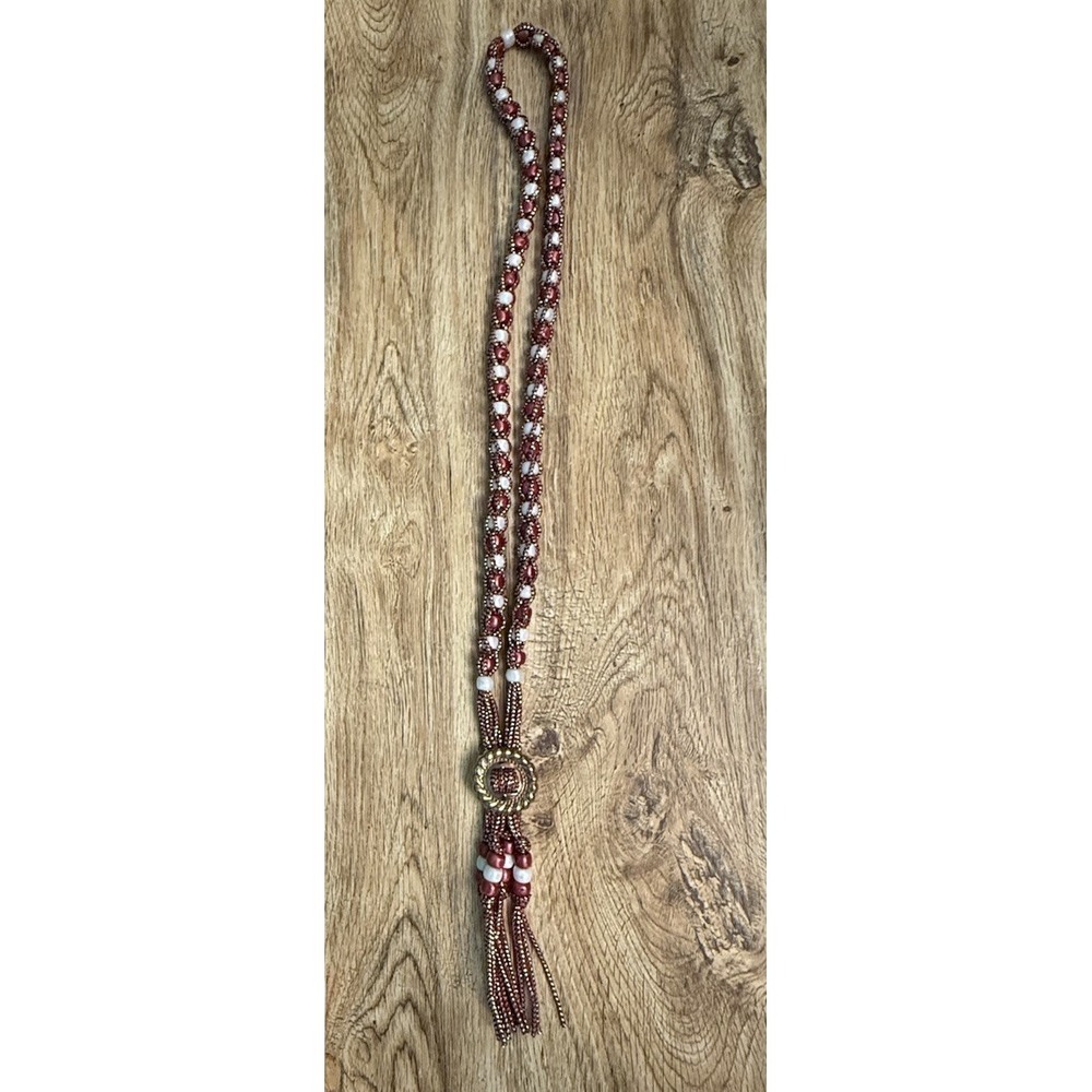Handmade Beaded Bolo Tie Necklace Sparkly Red Wht Plastic Beads Cowgirl Costume - Picture 3 of 7